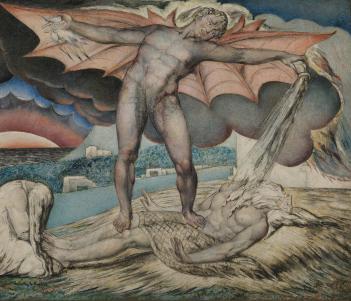 A colourful etching showing a red-winged figure pouring something on a body lying prone beneath his feet. A long-haired figure sits weeping over the body.