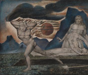 Four figures in a dark blue and red landscape. One runs, clasping their head. One lies apparently dead on the ground, beside a freshly dug grave. The other two kneel over this figure.  