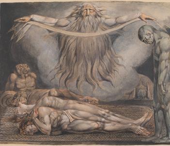 Three figures lie, apparently dead, on a mat. Above them, a bearded figure with arms outstretched emerges from a cloud. A figure to the left gazes up at him, one to the right cowers and covers his ears. In the right of the frame, a naked figure stands, head downcast. 