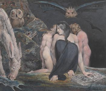 A woman sits crosslegged on the ground, her hand pointing to an open book. She turns to the side, looking at the creatures near her, including a donkey and an owl. Two other figures hide behind her. Overhead, two bat-like creatures fly. 