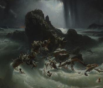 A stormy sea is filled with figures, some sitting on the limbs of submerged trees, others climbing a large rock. A shaft of light from the moon cuts through the dark clouds. In the background, a red sun sets.