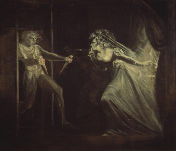 A drawing showing a man with two bloody daggers looking at a woman in a veil and dress who leans forward with her finger to her lips.
