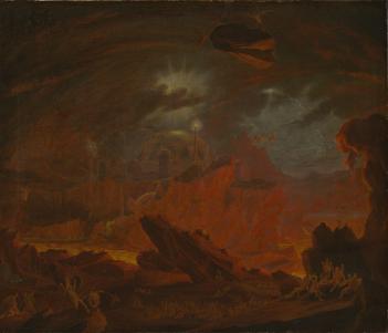 A barren rocky landscape bathed in red light, with winged figures sitting on the rocks and in the sky. 