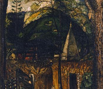 A landscape with a small building with a turret on the right. To the left, a gate is open, leading to a field of corn. Tall trees flank either side of the artwork, and in the background there is a green hill and a crescent moon on its back.