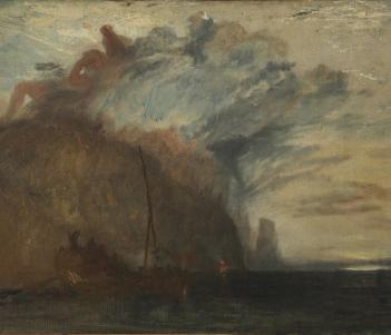 A sketchy painting showing a boat at sea, with storm clouds overhead. Some figures can be made out. 