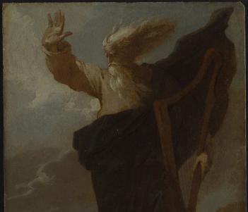 A figure with a long white beard and white hair stands on a cliff-edge, with one foot on a rock, one hand held aloft and one hand on a harp by his side. His hair is being blown by the wind and the sky behind him looks stormy.