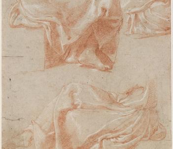 Red and white drawing of draped fabric.