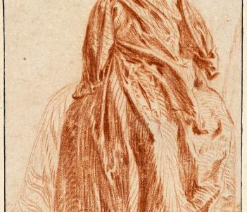 Drawing of a woman in a large red/orange gown, seen from behind.