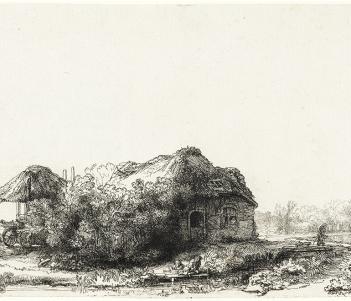 Drawing of a small cottage, with two men fishing in the foreground. In the background you can see the skyline of old Amsterdam.