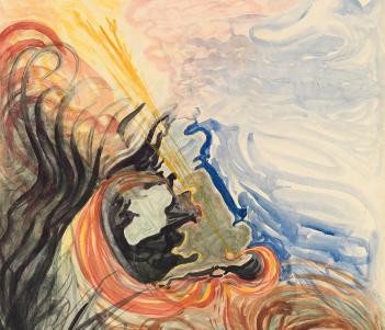 Abstract painting featuring a map of the British Isles. A human figure in the position of Europe is blowing dark coloured wind around the canvas.