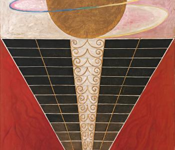 Abstract painting of an inverse triangle with a grid pattern. A globe is depicted as rotating at the top of the pyramid