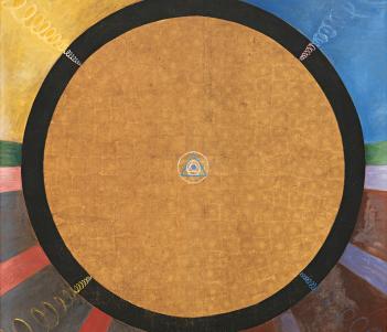 Abstract painting of a large gold circle in the middle of the canvas. Four spirals and seven beams of colour radiate out from the circle, on a background of gold, blue, grey and red segments. 