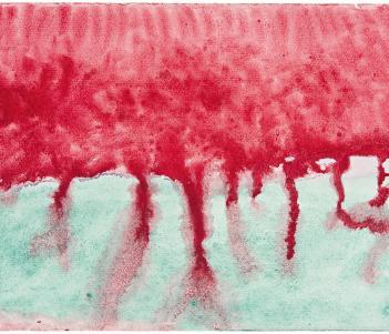 Abstract painting of red watercolour paint, dripping down the canvas and mixing with light blue paint on the bottom of the canvas.
