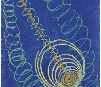An abstract image of an off centre concentric circle painted in yellow, with yellow and green spirals surrounding it, painted on a blue background.