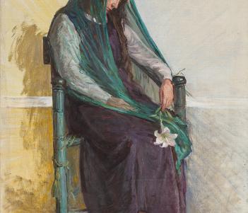 Painting of a female figure, who is seated and is holding a white lily on her lap. She is wearing a purple dress and is draped in a teal shawl.