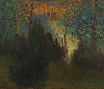Painting of a dark forest at twilight, under a dark blue and orange sky.