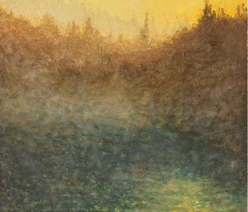 Painting of a river surrounded by trees at sunrise.