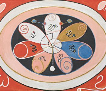 Abstract painting consisting of a shape inside a number of circles of black, pink and white. The shape is made up of seven egg shaped petals that are white, pink, red, blue and gold, and each shape has a spiral and black symbol within it. The centre of the image is a white spiral, and the background is red with a white symbol in each corner. 