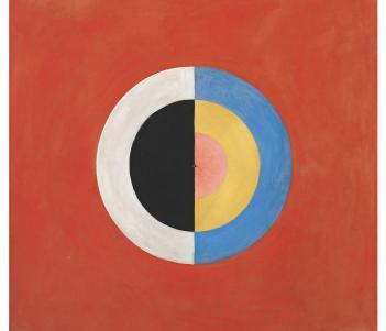 Abstract painting of a concentric circle, painted in semi-circles of white, black, blue, yellow and red, on a solid red background.