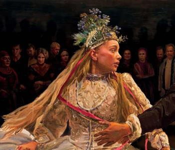 A drawing of a girl in a long white dress and a floral headdress with red ribbons