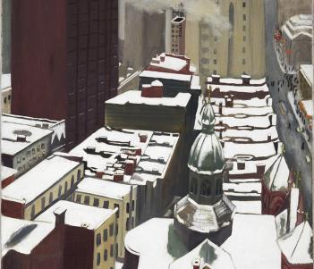 A stylised painted view of New York, painted from a high viewpoint looking down on the snow-covered roofs of buildings.