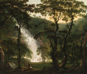 A painting showing the waterfall at Powerscourt Estate, Co. Wicklow through trees. In the left foreground of the painting, we can see some figures who are dwarfed by the grandeur of the waterfall.