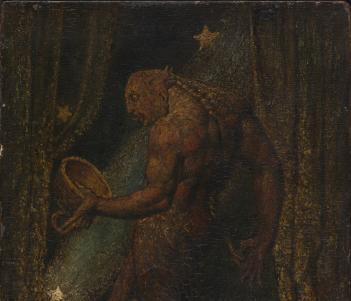 A large, muscular figure with scales on his body and his tongue protruding walks through a wooded area at night. In his hand he holds a large acorn top, the size of his head. 