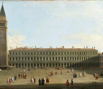 Oil painting of Saint Mark's Square in Venice with tiny figures of people milling around
