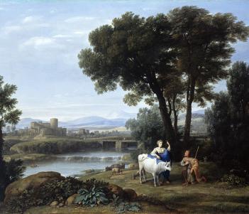 Painting of a man in a brown cloak with a staff, kneeling in front of a woman with a blue cloak with a white cow, in front of a blue sky and river.