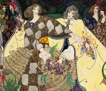 Ornate watercolour illustration by Harry Clarke showing figures in a stylised garden.