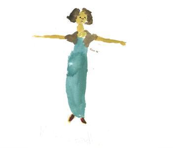 Watercolour of woman in a green dress standing with her arms out perpendicular to her body.