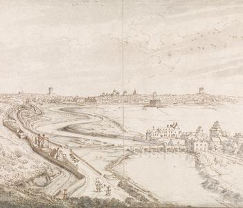 An ink and watercolour drawing of the view towards Dublin, from the Phoenix park, in the late seventeenth century.