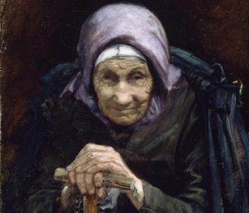 A painting of an elderly woman, a fisherman's mother, wearing a purple headscarf and leaning both hands on a walking stick.