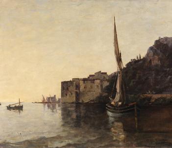 A painted view of a harbour with a sailboat in the foreground and a cliff to the right.