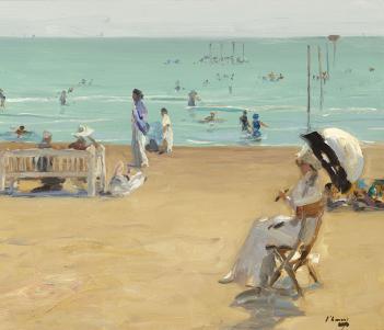 In the foreground, ladies in white dresses and children recline on the beach, some under sun parasols. Further out, people are swimming in the blue water. 