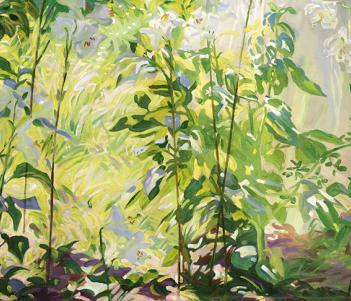 Close up of white flowers and lush green foliage in Leech's painting
