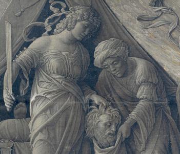 A painted monochromatic grey image of two standing figures in biblical dress. One holds a sword in one hand while placing a man's severed head into a bag held by the other figure.