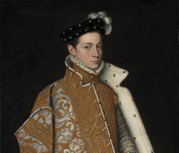 Three-quarter length portrait in oil of a young man wearing an elaborate embroidered cape, ruff and cap, and holding a sword.