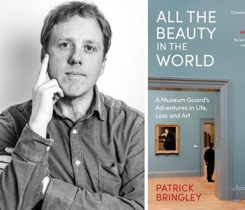 A writer's headshot on the left, and the cover of a book on the right