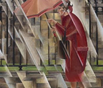 A cubist style painting of a woman in a red coat with an orange umbrella walking past a grand building in the rain.