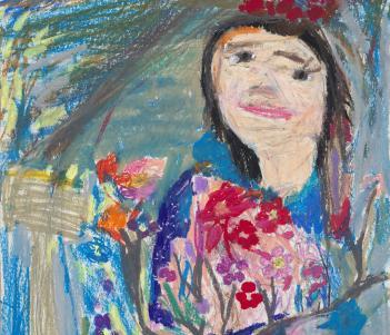 A chalk drawing of a figure holding an armful of flowers. 