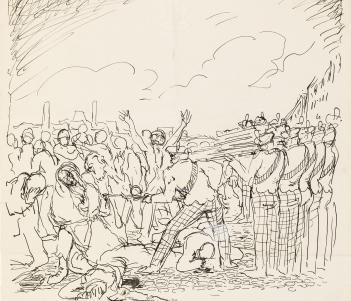 Sketchy line drawing of uniformed soldiers shooting into a crowd of people