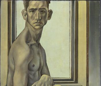 A naked man sits on a chair, in front of a window. He is turned to the side, but his face is turned to look directly at the viewer.