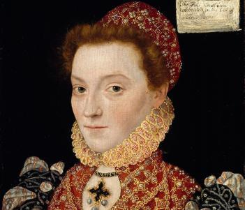 A portrait of a woman wearing a highly decorative costume, including a high neck ruff, a dress with embellished shoulders and a jewelled cross around her neck.