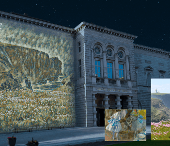 Merrion Square facade of the National Gallery of Ireland building with an Impressionistic landscape projected on to the facade and two images overlayed - one of a pastel drawing by Degas and a photo of a landscape