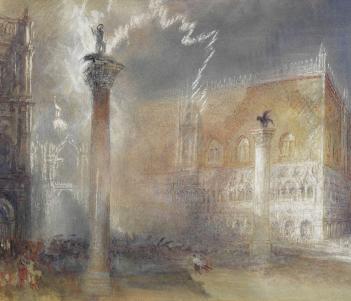 A sketch of the Piazzetta in Venice with dramatic dark sky and white highlights