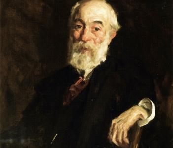 Painting of an elderly man with white hair and a white beard sitting with his arm on the headrest of a chair.