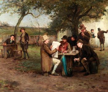 Painting of a group of men sitting at a table, wearing brown coats and brown hats. One of the group holds large sheets of paper and is reading proclamations to the group.
