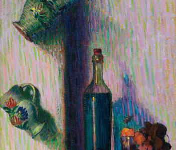Impressionist style painting of two jugs hanging on a wall with a wine bottle in the foreground and a small vase of flowers