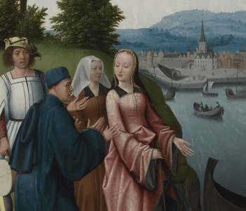 Painting of a woman in a pink dress getting into a boat with a man dressed in blue, a man dressed in white and a women in a white headdress.